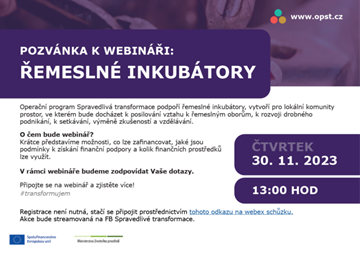 Pozvánka na webinář ŘEMESLNÉ INKUBÁTORY dne 30. listopadu 2023
